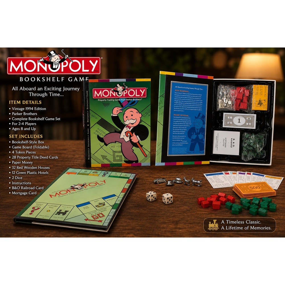 Monopoly Bookshelf Edition Parker Brothers Board Game Vintage Style Storage Case